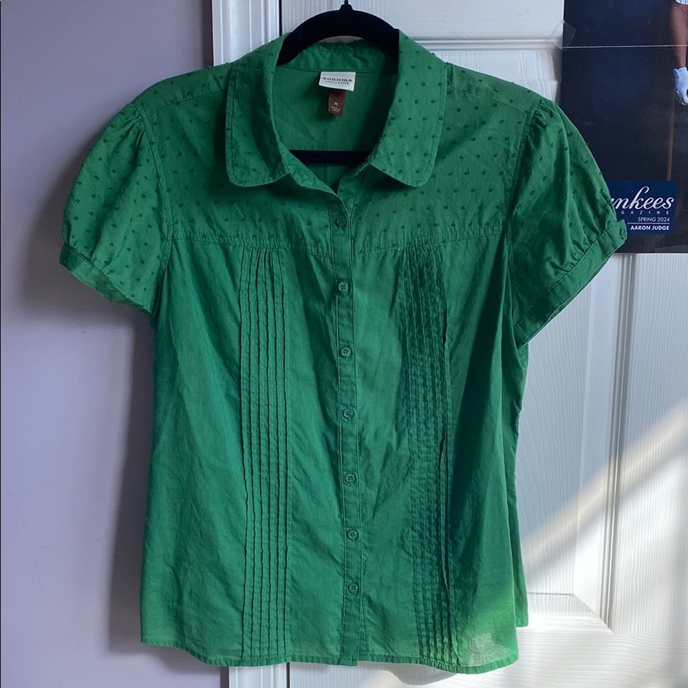 Sonoma Women’s Medium Green Button-Up Short Puff Sleeve Blouse